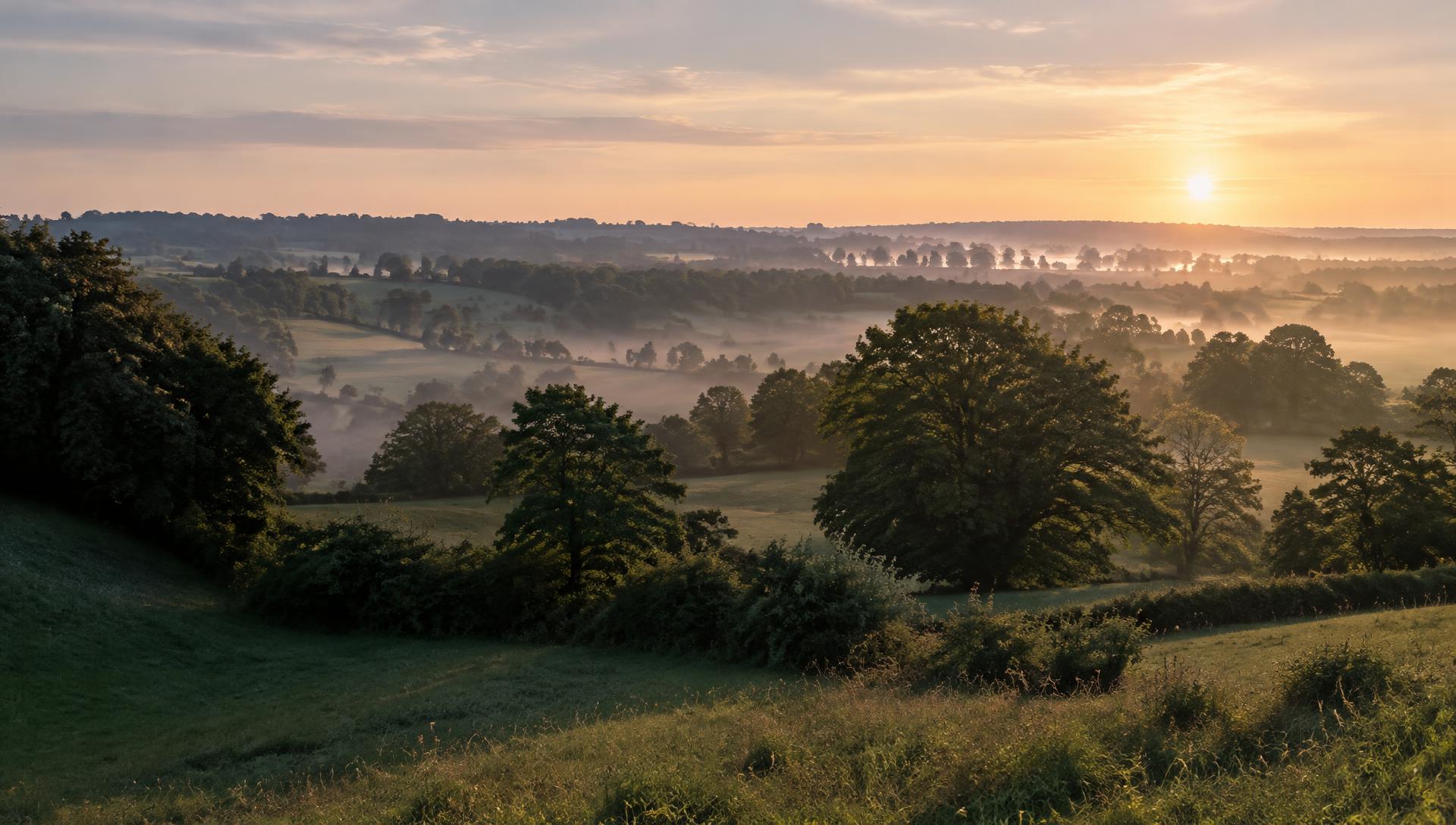 AI-generated illustrative English valley at dawn, with mature oak trees, layered hedgerows and soft ground mist in early sunlight; not a photograph of the exact Farthingstone site.
